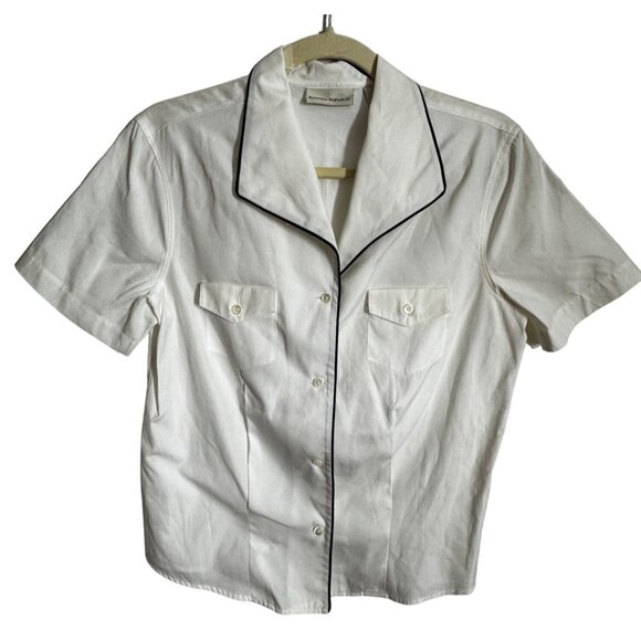 Banana Republic White Short Sleeve Button-Up Shirt Black Trim 100% Cotton Large - Picture 1 of 6